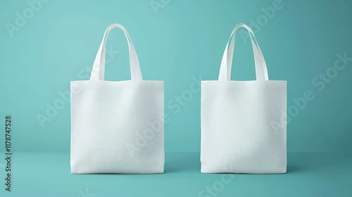 Blank tote bags ideal for promotional marketing set against a vibrant blue background showcasing customizable designs for brands and businesses. photo