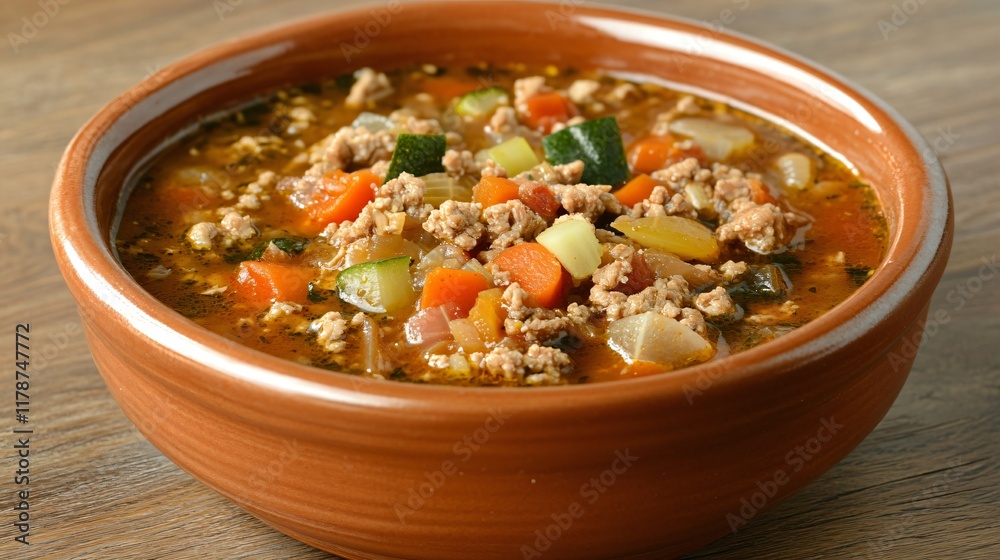 Ground turkey vegetable soup served in a hand-thrown ceramic bowl, isolated on a wooden surface Ground turkey vegetable soup served in a hand-thrown ceramic bowl, isolated on a wooden surface