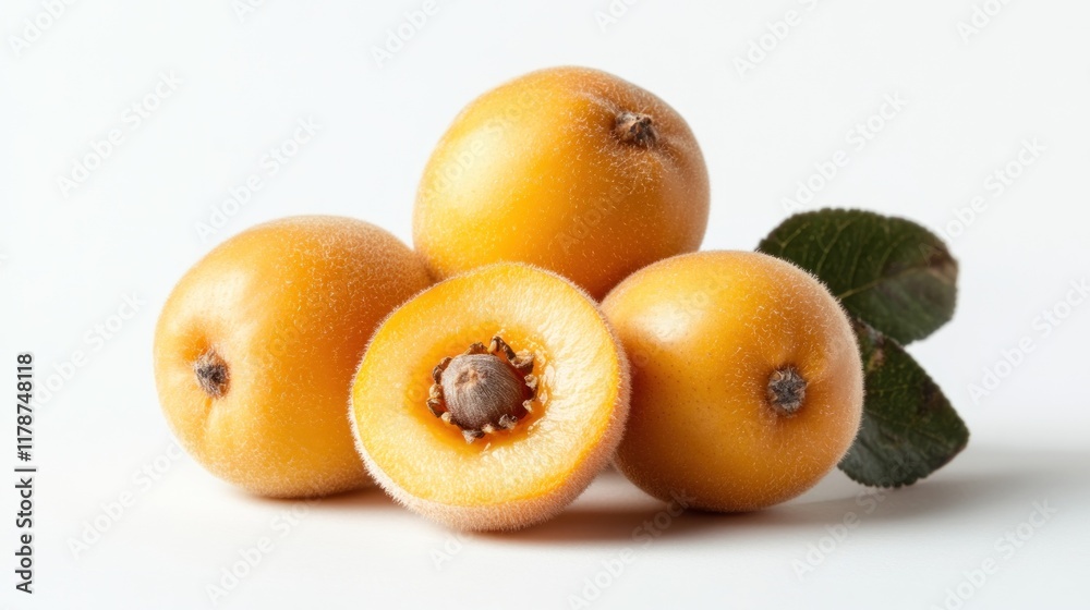Four loquats with one cut in half, showcasing its seeds and texture. Four loquats with one cut in half, showcasing its seeds and texture.