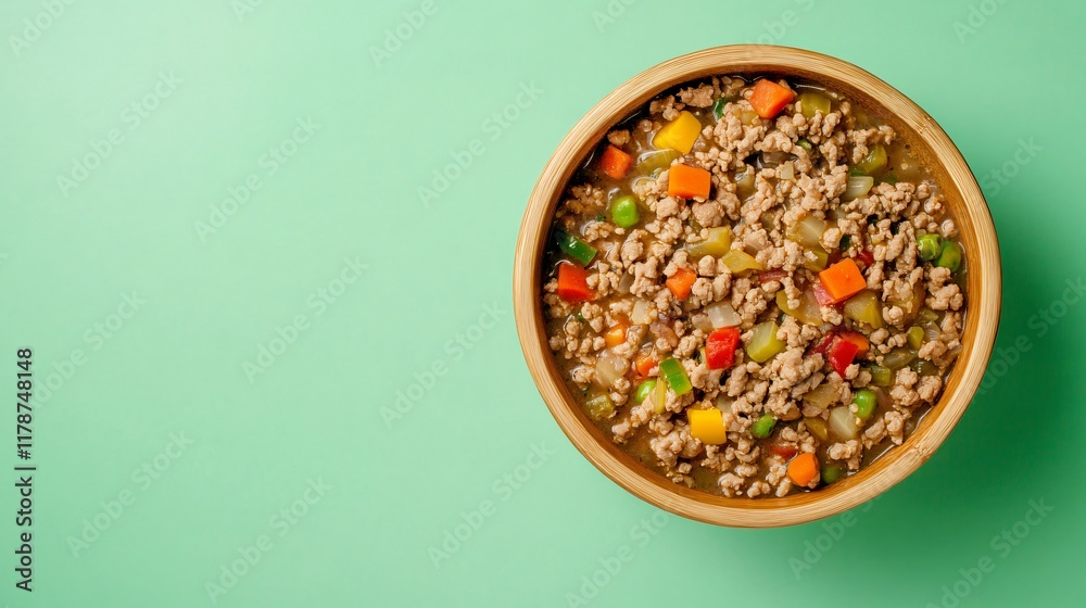 Ground turkey vegetable soup served in an eco-friendly bamboo bowl, isolated on a soft green backdrop Ground turkey vegetable soup served in an eco-friendly bamboo bowl, isolated on a soft green backdrop