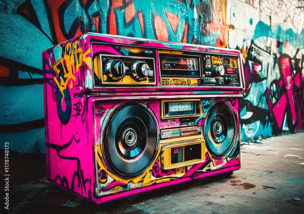 Fototapeta premium Nostalgic cassette tape recorder in a graffiti environment.