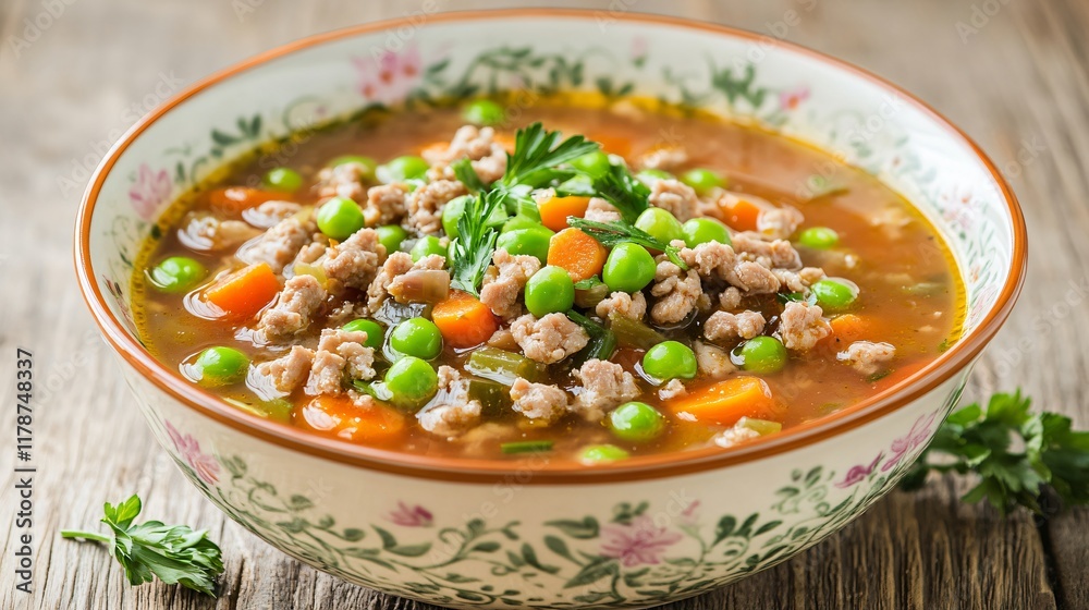 Ground turkey vegetable soup showcasing spring peas and carrots, isolated with floral accents Ground turkey vegetable soup showcasing spring peas and carrots, isolated with floral accents