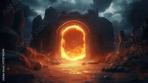 dark ancient glowing portal to hell inside ancient ruins. ai generative photo