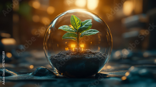 Wallpaper Mural A vibrant plant growing inside a glass dome with soft lighting and rich soil. Torontodigital.ca