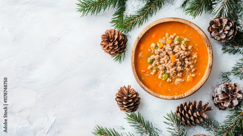 Ground turkey vegetable soup surrounded by winter pinecones, isolated on a frosty white background Ground turkey vegetable soup surrounded by winter pinecones, isolated on a frosty white background