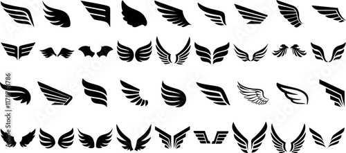 wing vector set, wing logo designs. Various artistic wing illustrations, bird, angel, bat, eagle, and minimalist wing icons for branding, tattoos, emblems, or fantasy design projects