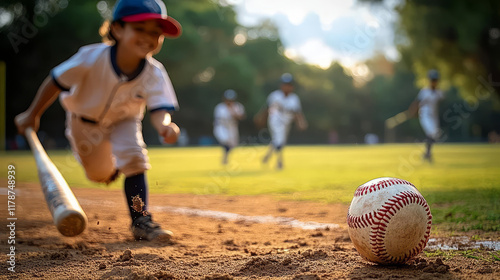 A young baseball player running towards the ball on a sunny day. photo