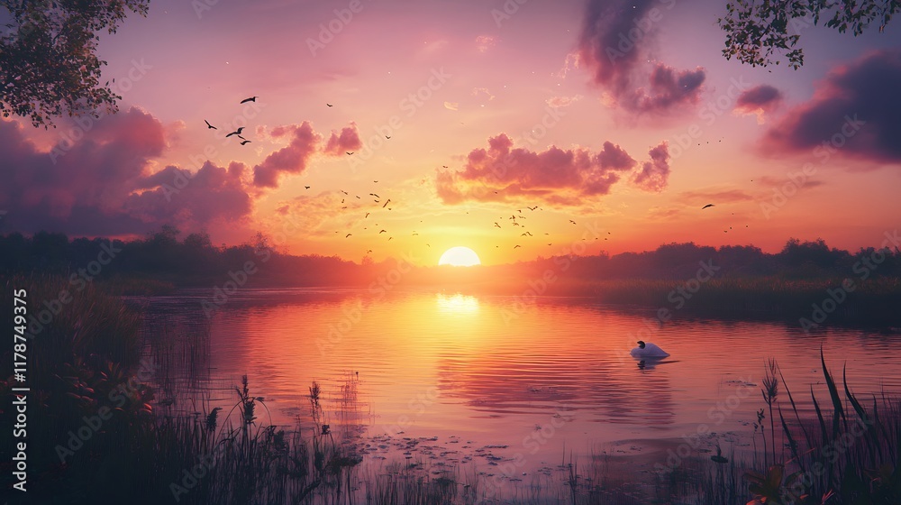Fototapeta premium Serene sunset over a calm lake, with birds and a swan.