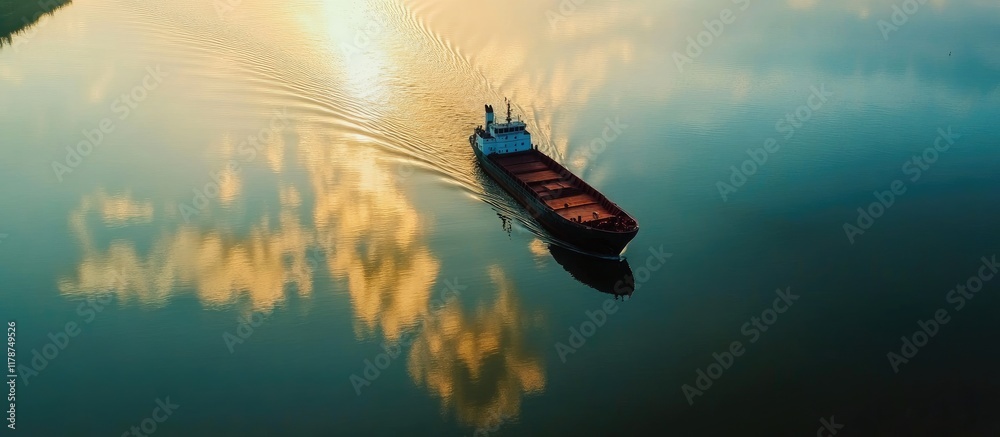 Fototapeta premium Cargo Ship Navigating Tranquil Waters at Sunset with Reflection and Copy Space for Text