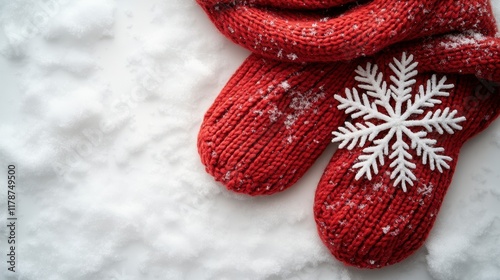 Red knitted mittens and scarf on snowy ground with snowflake.