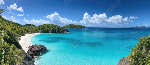 Fototapeta Naklejka Na Ścianę i Meble -  Tranquil Caribbean Beach with Turquoise Waters and Lush Greenery Ideal for Vacations and Relaxation