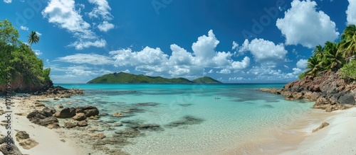 Fototapeta Naklejka Na Ścianę i Meble -  Caribbean Beach Paradise with Crystal Clear Waters and Lush Coconuts under Bright Blue Skies for Relaxation and Escape