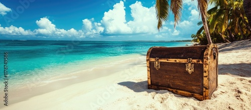 Fototapeta Naklejka Na Ścianę i Meble -  Treasure Chest on Scenic Caribbean Beach with Vibrant Ocean and Palm Trees Ideal for Adventure Themes and Travel Promotions