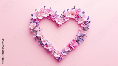A heart shape crafted with pastel pink and lavender flowers on a soft pink background, delicate and airy, romantic and modern design, perfect for gifts or cards.