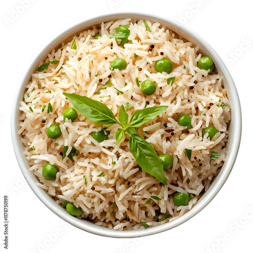 A bowl of pulao, spiced rice dish with peas and spices