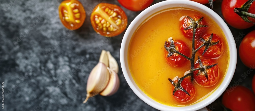 Vibrant yellow and orange tomato soup in a bowl garnished with roasted cherry tomatoes and garlic on a textured grey backdrop Vibrant yellow and orange tomato soup in a bowl garnished with roasted cherry tomatoes and garlic on a textured grey backdrop
