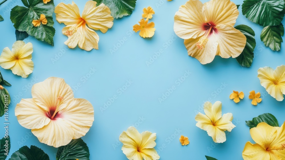 Εκτύπωση καμβά Vibrant Yellow Hibiscus Flowers Arranged on a Bright Blue Background with Green