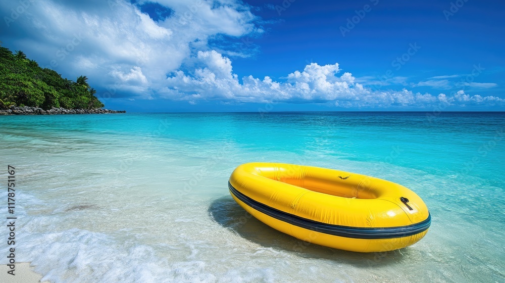 Vibrant Yellow Inflatable Boat on Crystal Clear Waters by Tropical Beach Under Bright Blue Sky with Fluffy Clouds Vibrant Yellow Inflatable Boat on Crystal Clear Waters by Tropical Beach Under Bright Blue Sky with Fluffy Clouds