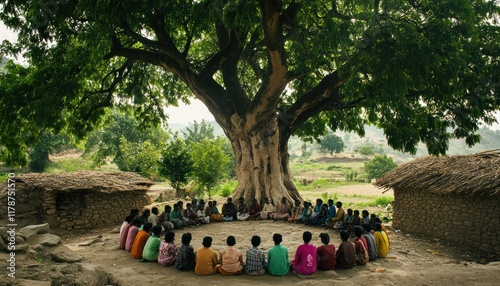 A Community Gathering Under a Grand Old Tree, Sharing Stories and Wisdom Amidst Rural Simplicity, Reflecting a Timeless Tradition of Connection and Togetherness