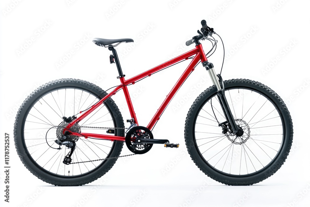 A vibrant red mountain bicycle on white background A vibrant red mountain bicycle on white background