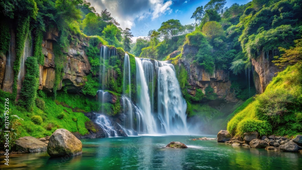 Fototapeta premium Beautiful waterfall surrounded by lush greenery and rocky cliffs in serene landscape , Waterfall, Cascading