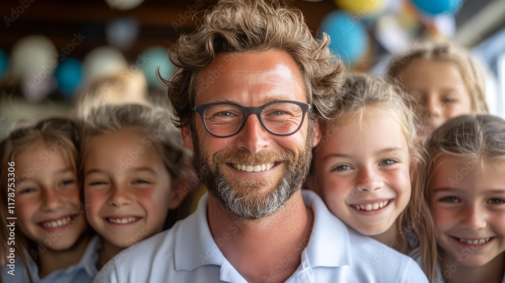 Smiling man surrounded by happy children at a festive gathering with balloons. Smiling man surrounded by happy children at a festive gathering with balloons.