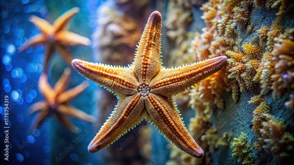 Close-up of Protoreaster linckii starfish in aquarium suctioned onto wall, starfish, Protoreaster linckii, close-up Close-up of Protoreaster linckii starfish in aquarium suctioned onto wall, starfish, Protoreaster linckii, close-up