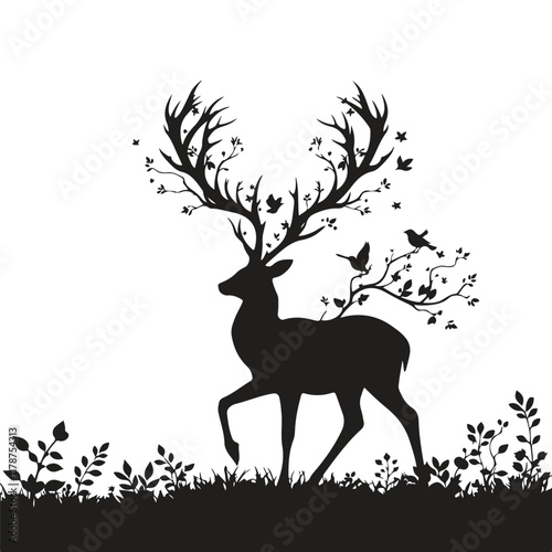 Black deer silhouette with antler branches, birds, and leaves.