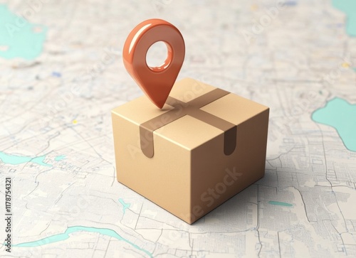 3d cardboard delivery box and geolocation icon for tracking parcels gps on map. delivery- logistics or distribution concept. 3d rendering photo