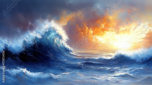 Dramatic ocean waves crashing under a fiery sunset sky.