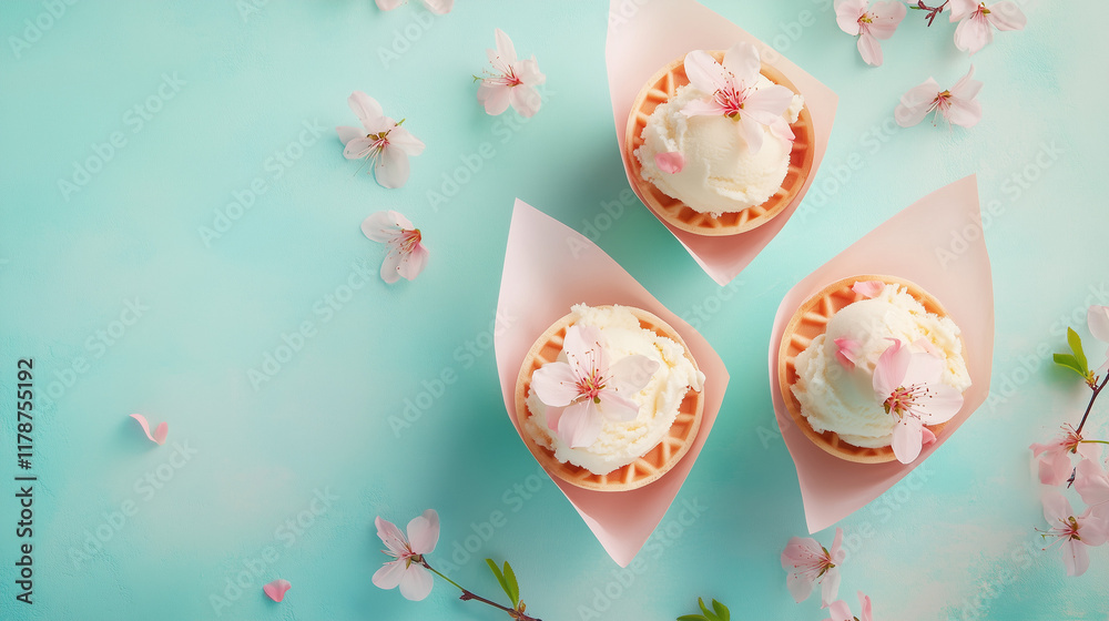 Three ice cream cups with cherry blossoms on a pastel blue background with copy space. Banner for holidays, food magazines, coffee shops Three ice cream cups with cherry blossoms on a pastel blue background with copy space. Banner for holidays, food magazines, coffee shops
