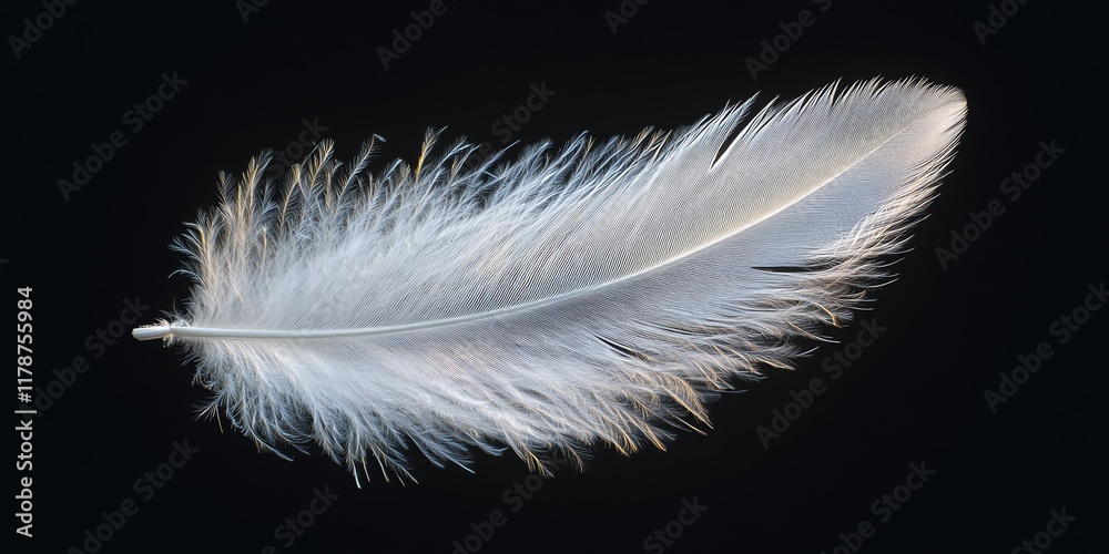 Obraz premium A single white feather isolated on a black background, showcasing its delicate texture and natural beauty.