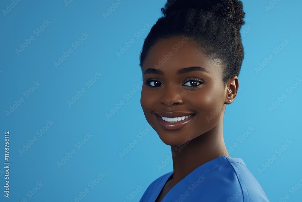 smiling female nurse wearing scrubs on blue studio background smiling female nurse wearing scrubs on blue studio background