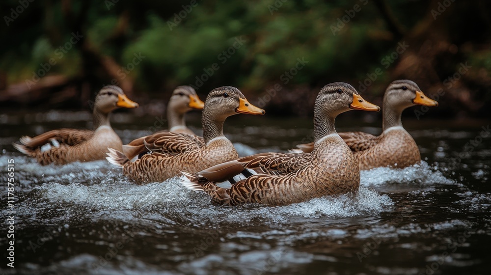A group of ducks swimming in a river, creating ripples in the water. A group of ducks swimming in a river, creating ripples in the water.