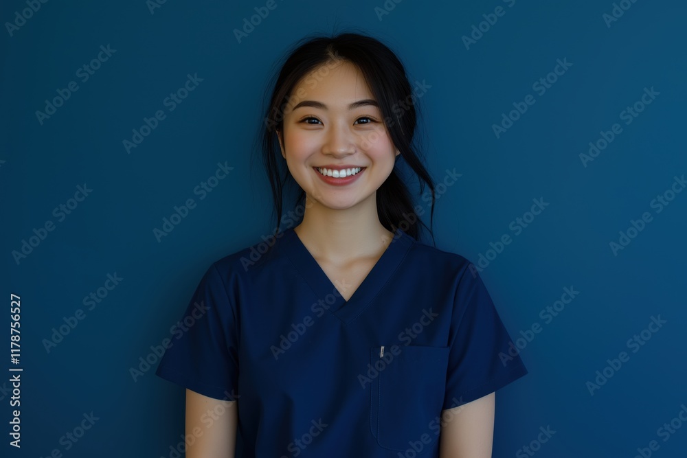 smiling female nurse wearing scrubs on blue studio background smiling female nurse wearing scrubs on blue studio background