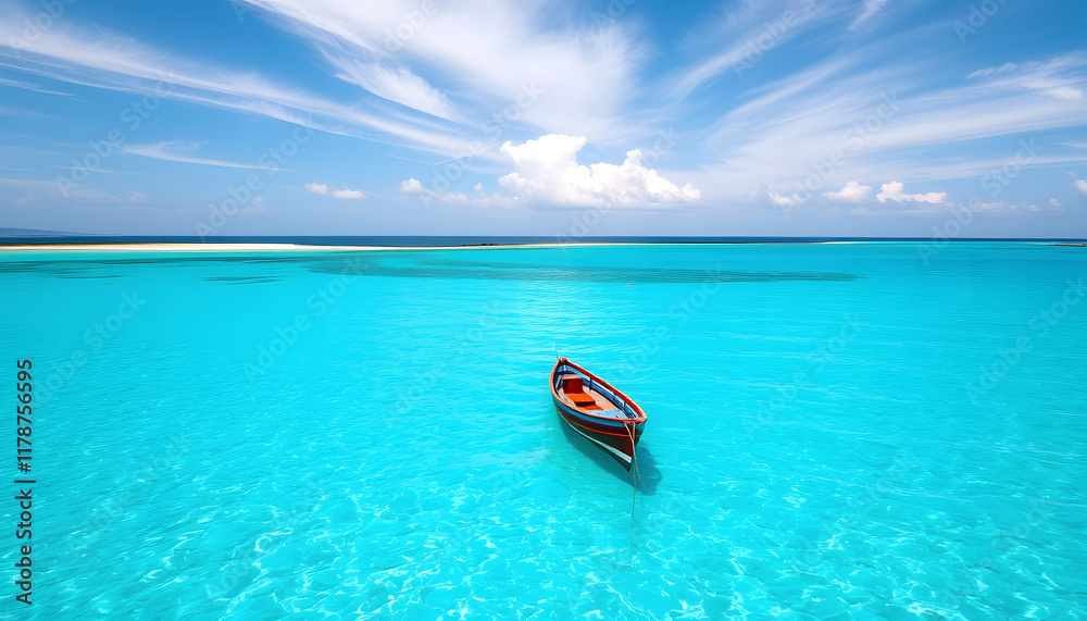 Seascape of boat in turquoise water, dinamic scene, with white tones Seascape of boat in turquoise water, dinamic scene, with white tones