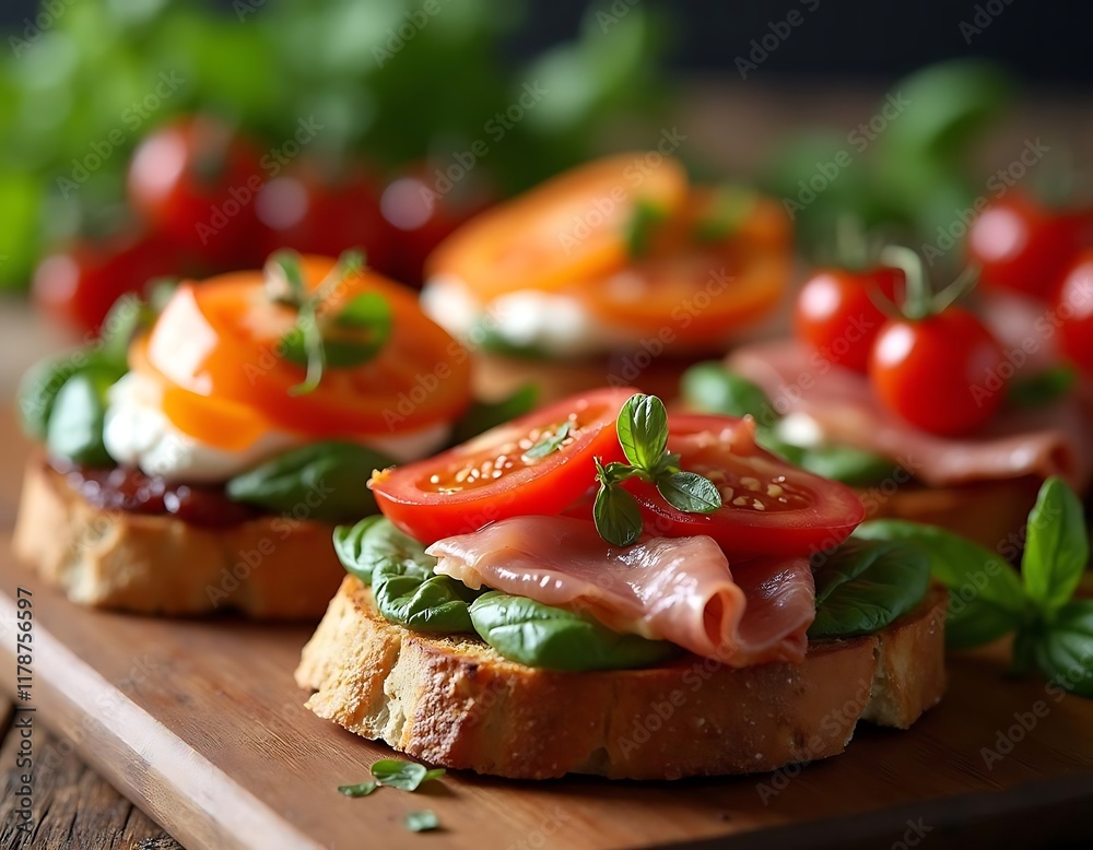 Delicious Bruschetta with Tomatoes, Ham, and Basil Delicious Bruschetta with Tomatoes, Ham, and Basil