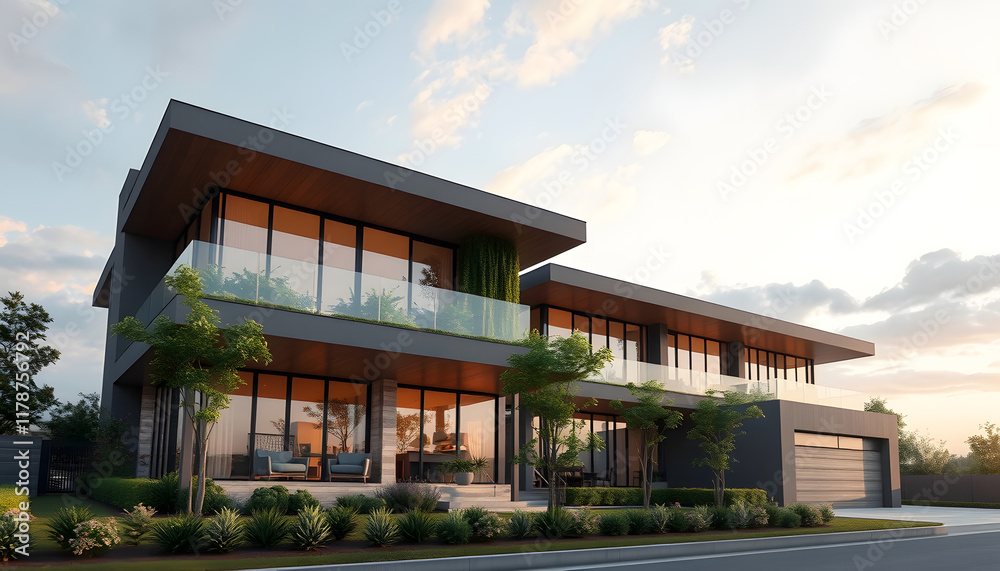 Exterior image of a new luxurious modern building, eco friendly living concept house. Green energy house/home. Real estate and ecology concept. technology, photo, with white tones Exterior image of a new luxurious modern building, eco friendly living concept house. Green energy house/home. Real estate and ecology concept. technology, photo, with white tones
