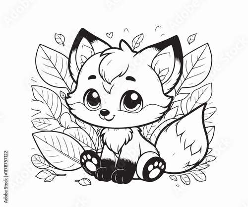 cartoon-style illustration of a baby fox sitting in front of large, overlapping leaves. suitable for a coloring book page