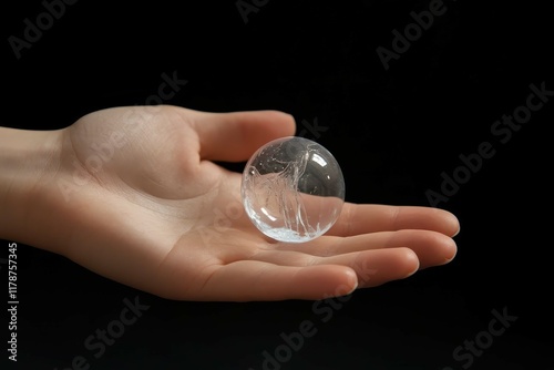 Delicate glass sphere held in hand, showcasing intricate designs and reflections against a dark backdrop