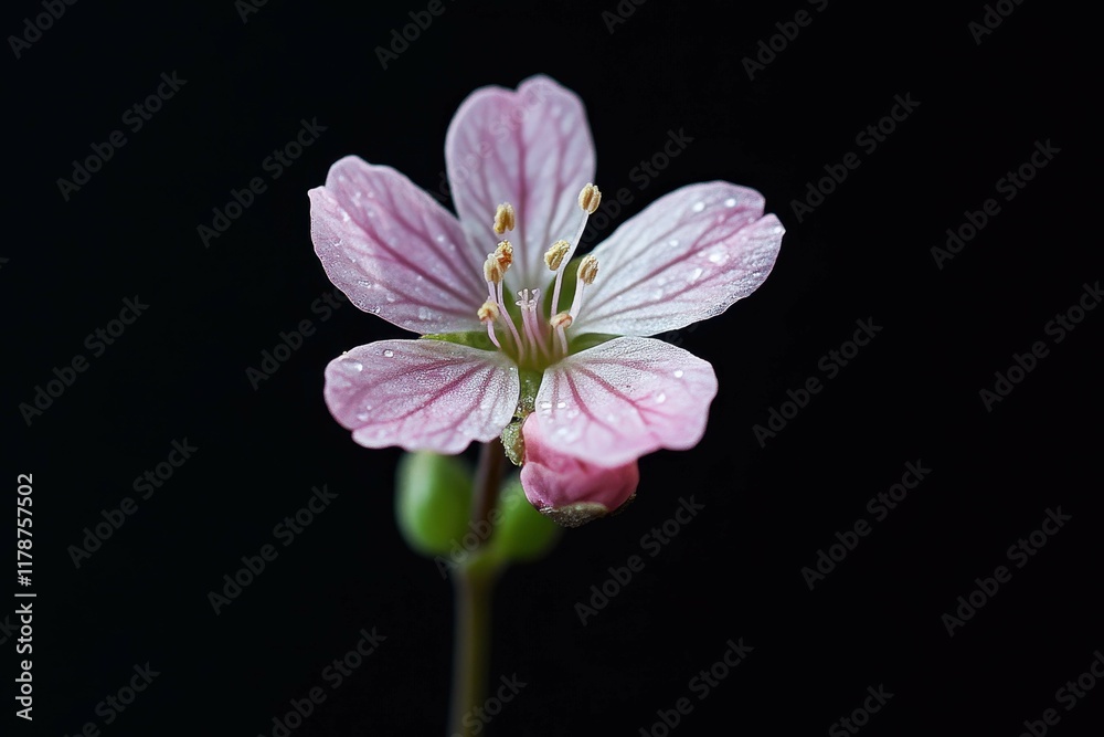 Delicate pink flower with water droplets against a dark background in a natural setting Delicate pink flower with water droplets against a dark background in a natural setting
