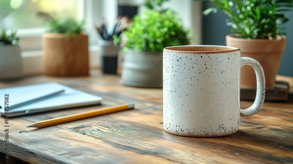 Cozy Workspace: Coffee Mug on Rustic Wooden Desk with Plants Cozy Workspace: Coffee Mug on Rustic Wooden Desk with Plants