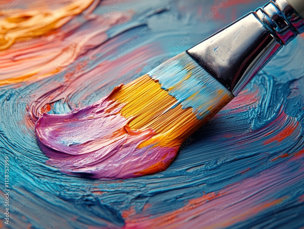 Obraz premium Vibrant paintbrushes on colorful swirled canvas palette of artistic expression