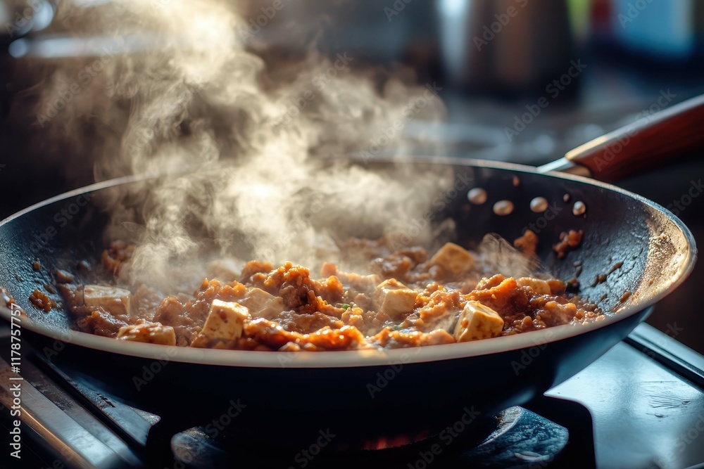 Cooking a flavorful dish in a frying pan with steam rising in a kitchen setting during daylight hours Cooking a flavorful dish in a frying pan with steam rising in a kitchen setting during daylight hours