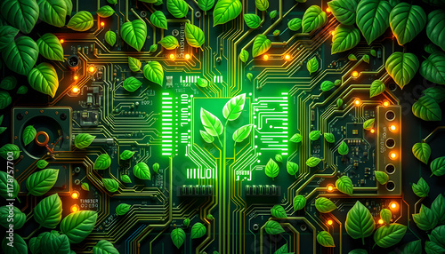 Illustration of motherboard or cicruit board covered with leaves roots and plants, concept of sustainable development and green energy ecology, glowing neon, with white tones photo