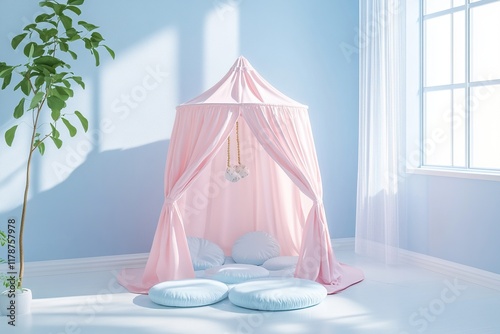 Pastel Pink Play Tent in a Sunlit Room photo