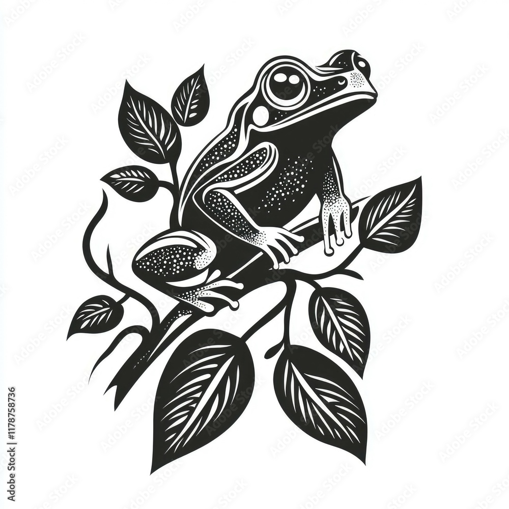 Obraz premium Elegant Black and White Frog Illustration: Nature, Wildlife, Amphibian, Leaves, Branch, Artistic, Creative, Symbolic, Detailed Vector Graphic