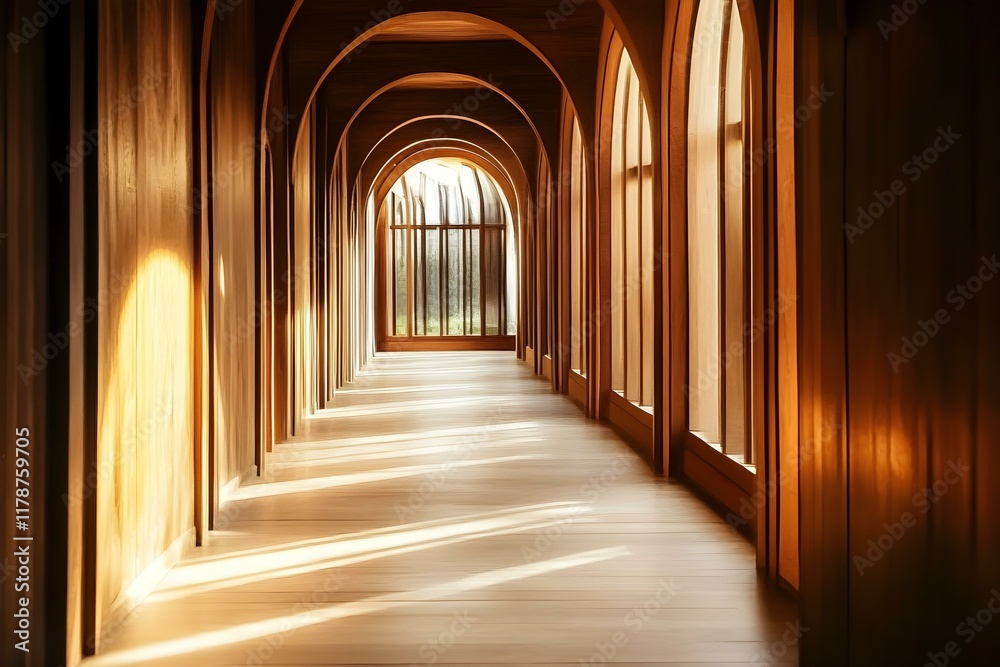 Fototapeta premium Tranquil Elegance: Sunlit Wooden Arched Hallway Interior