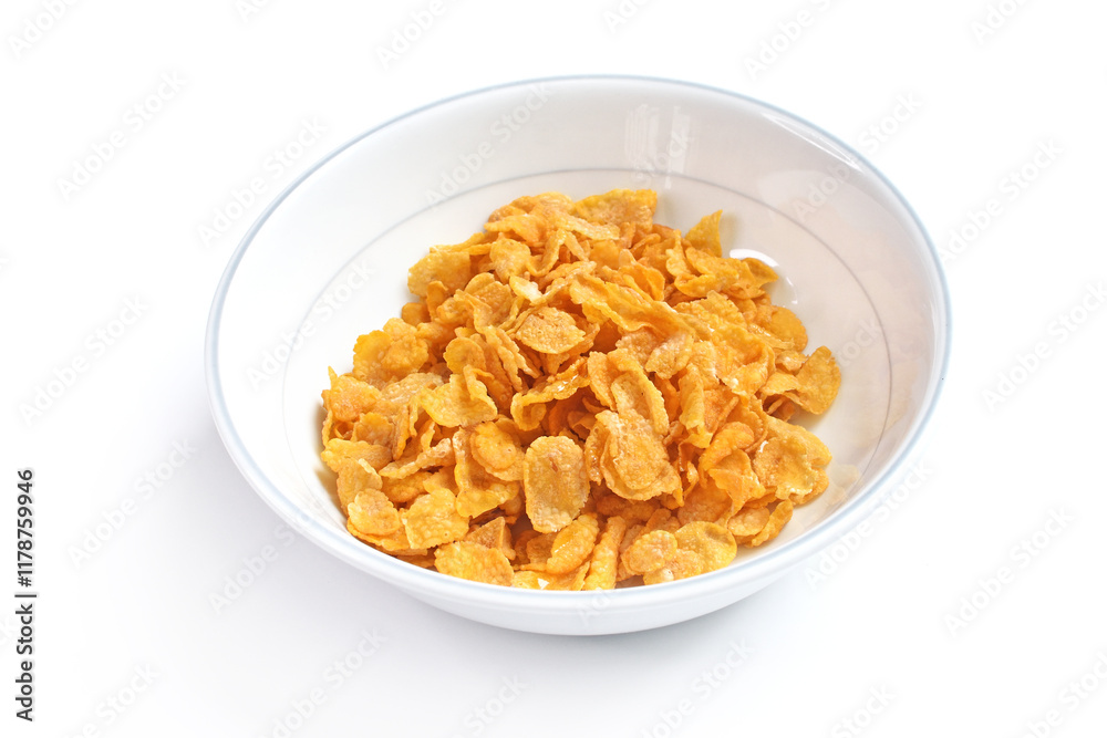 Bowl with crispy cornflakes on white background, top view Bowl with crispy cornflakes on white background, top view