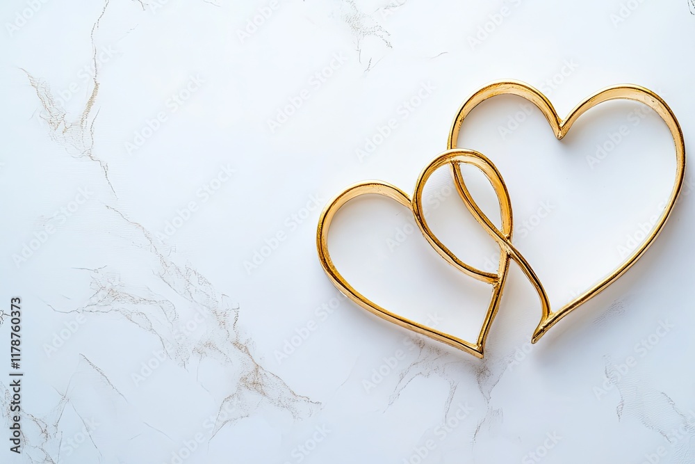 Two intertwined heart outlines in gold on a white background with ample space for text Valentine’s Day card Two intertwined heart outlines in gold on a white background with ample space for text Valentine’s Day card